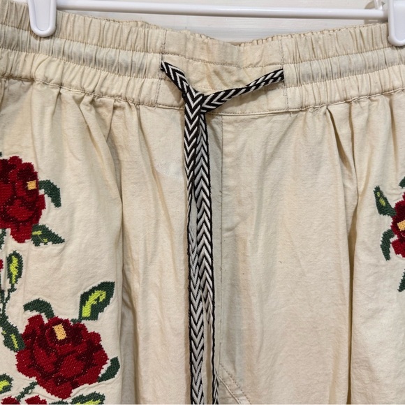 Free People Cream Wide Leg Pants with Red Floral Design - Picture 3 of 7